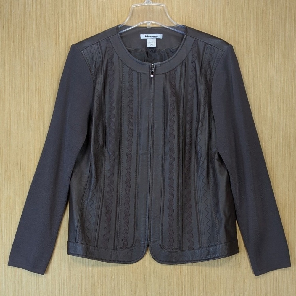 Nygard Womens Brown Leather Chic Edgy Mixed Media Ribbon‎ Zip Front Jacket Large
